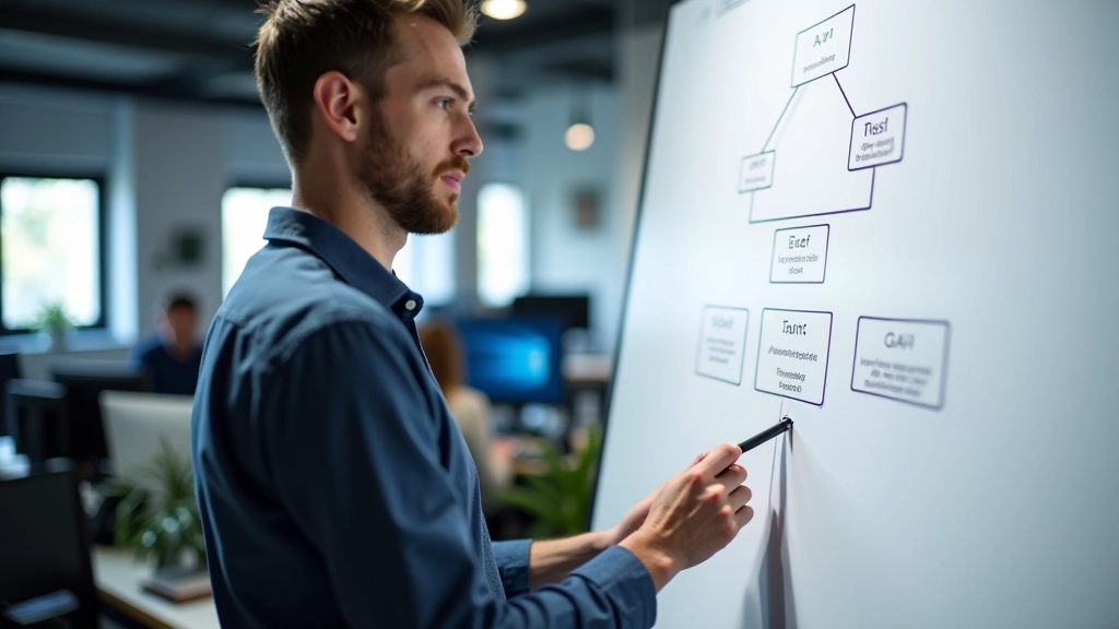 Architectuurdiagram op whiteboard toont verbindingen tussen API, frontend framework, en hosting providers