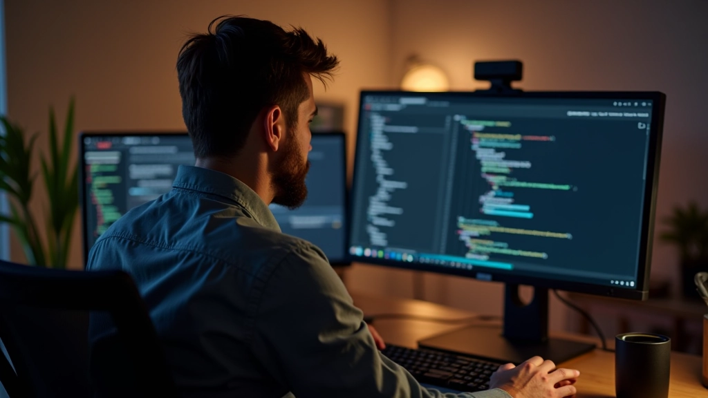 Ontwikkelaar aan bureau werkt aan Strapi headless CMS integratie met Next.js framework, twee monitoren