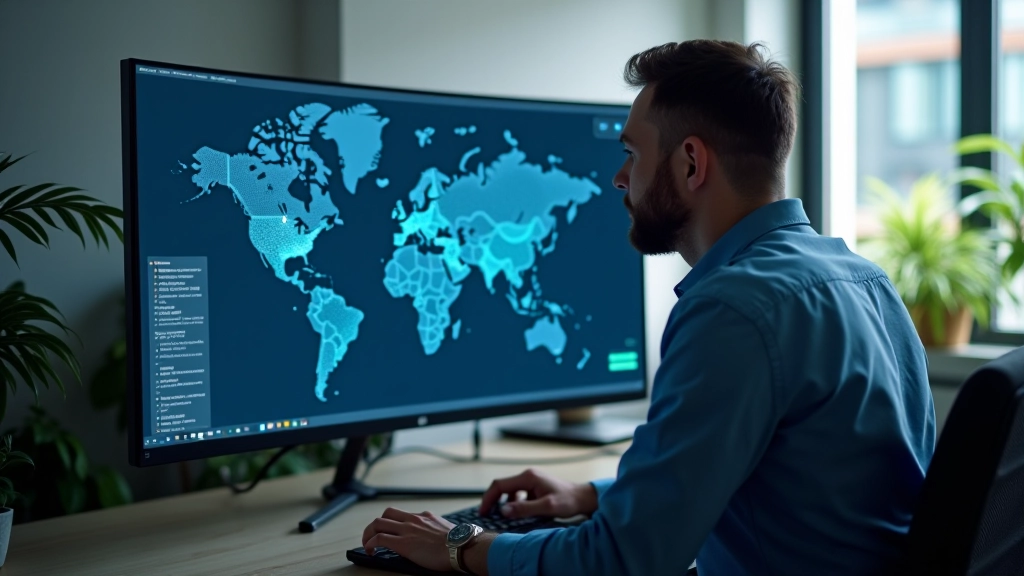 IT specialist aan bureau met kaarten van wereldwijde datacenter locaties, monitors tonen netwerk topologie en latency metrics