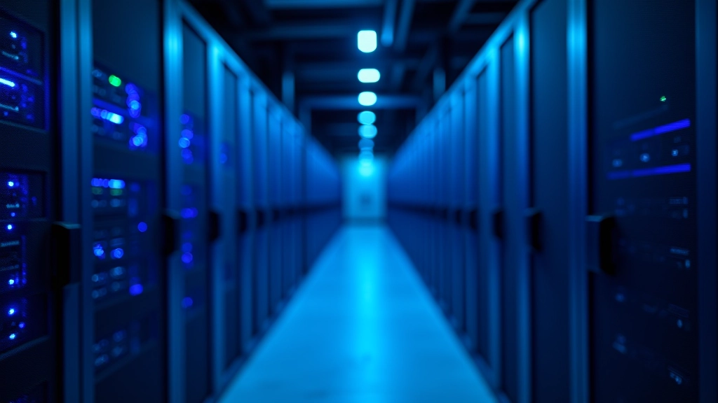 Modern datacentrum met blauwe LED verlichting, server racks en netwerkkabels in georganiseerde opstelling