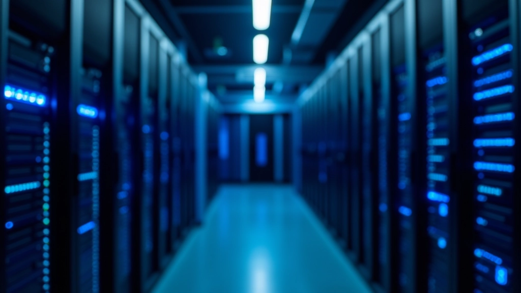 Server rack met Nederlandse hosting provider setup, LED verlichting en network kabels in datacentrum