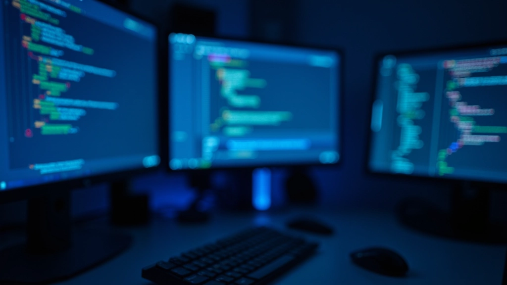 Moderne webontwikkelingsstudio met laptops en code editors op schermen, JAMstack architectuur visualisatie, professionele werkruimte met blauwe verlichting